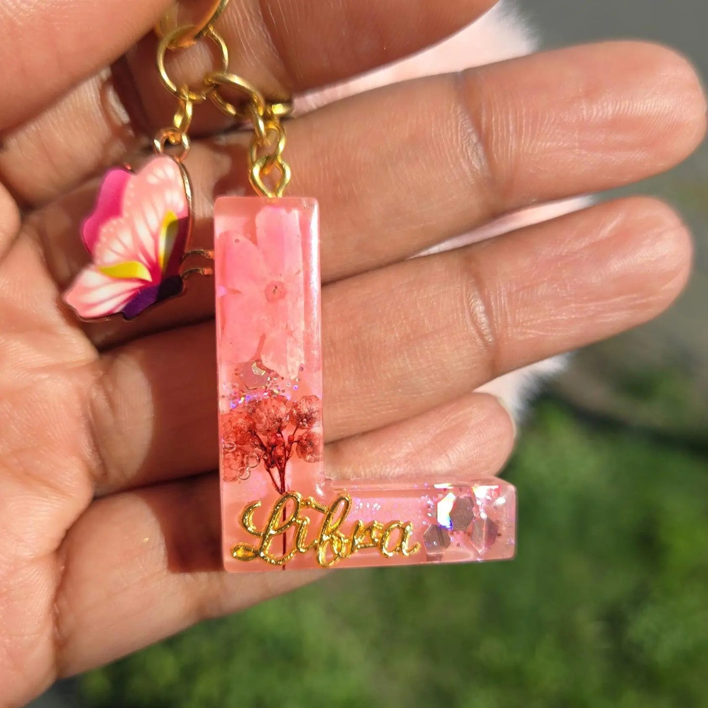Customizable Zodiac Sign Resin Flower Initial Handmade Keychain Libra - beautifuleecreatedllc