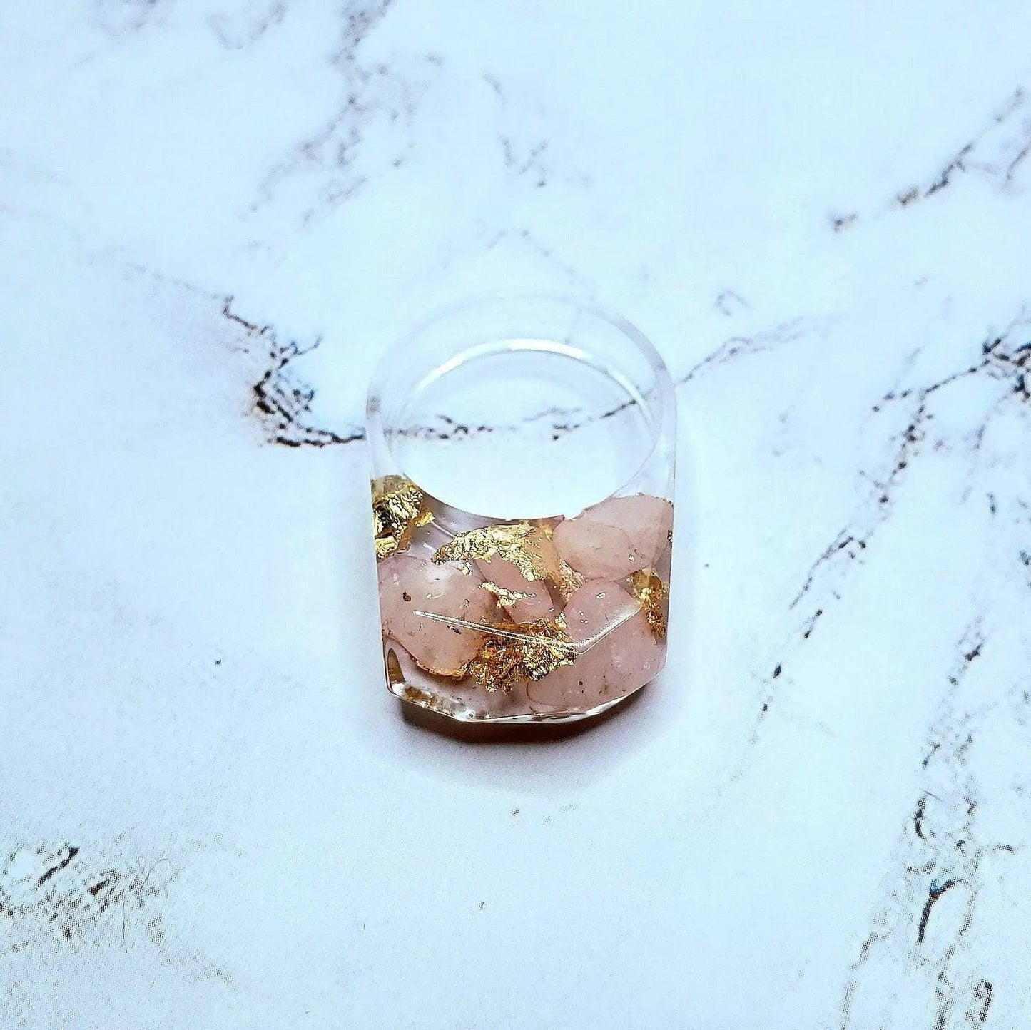 Gemstone crystal handmade resin bubble ring rose quartz gold flakes spiritual healing chakra energy