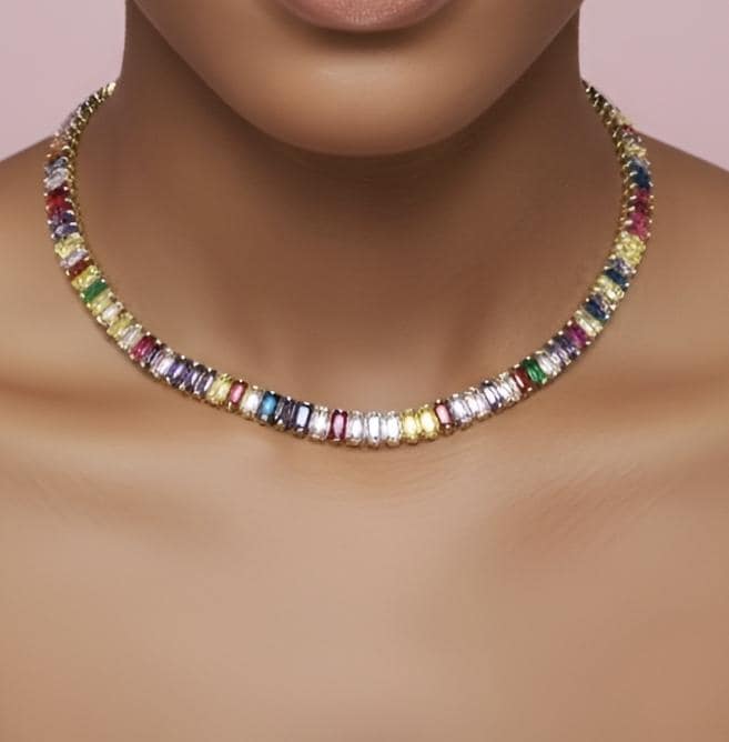 Vibrant Spectrum Gold Baguette Necklace