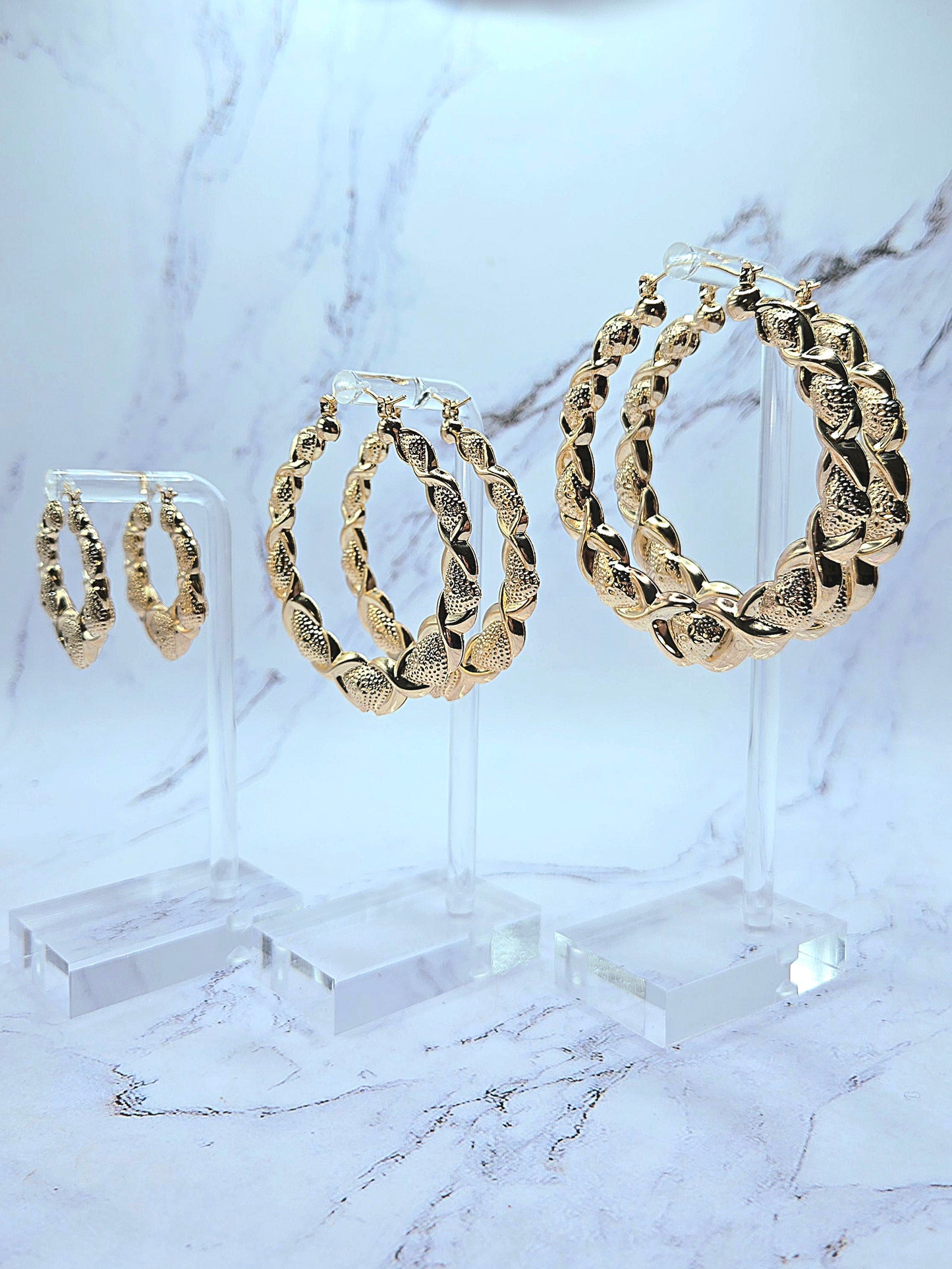 Gold Hearts and Hugs XOXO bamboo hoop earrings small size