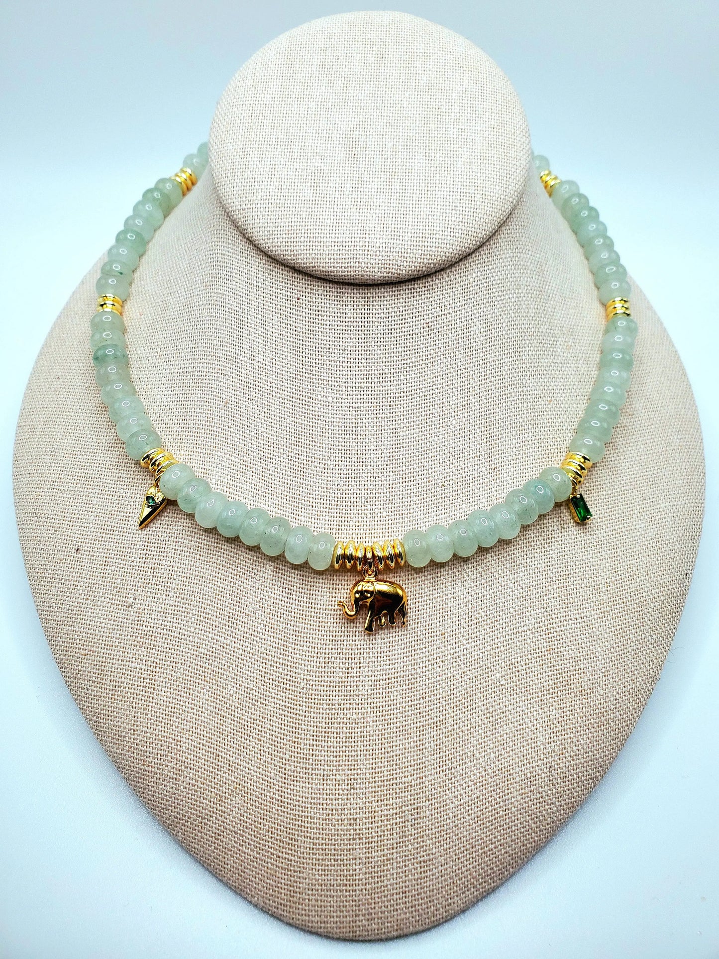 Lucky elephant green aventurine handmade spiritual heart chakra healing beaded gemstone emerald charm necklace