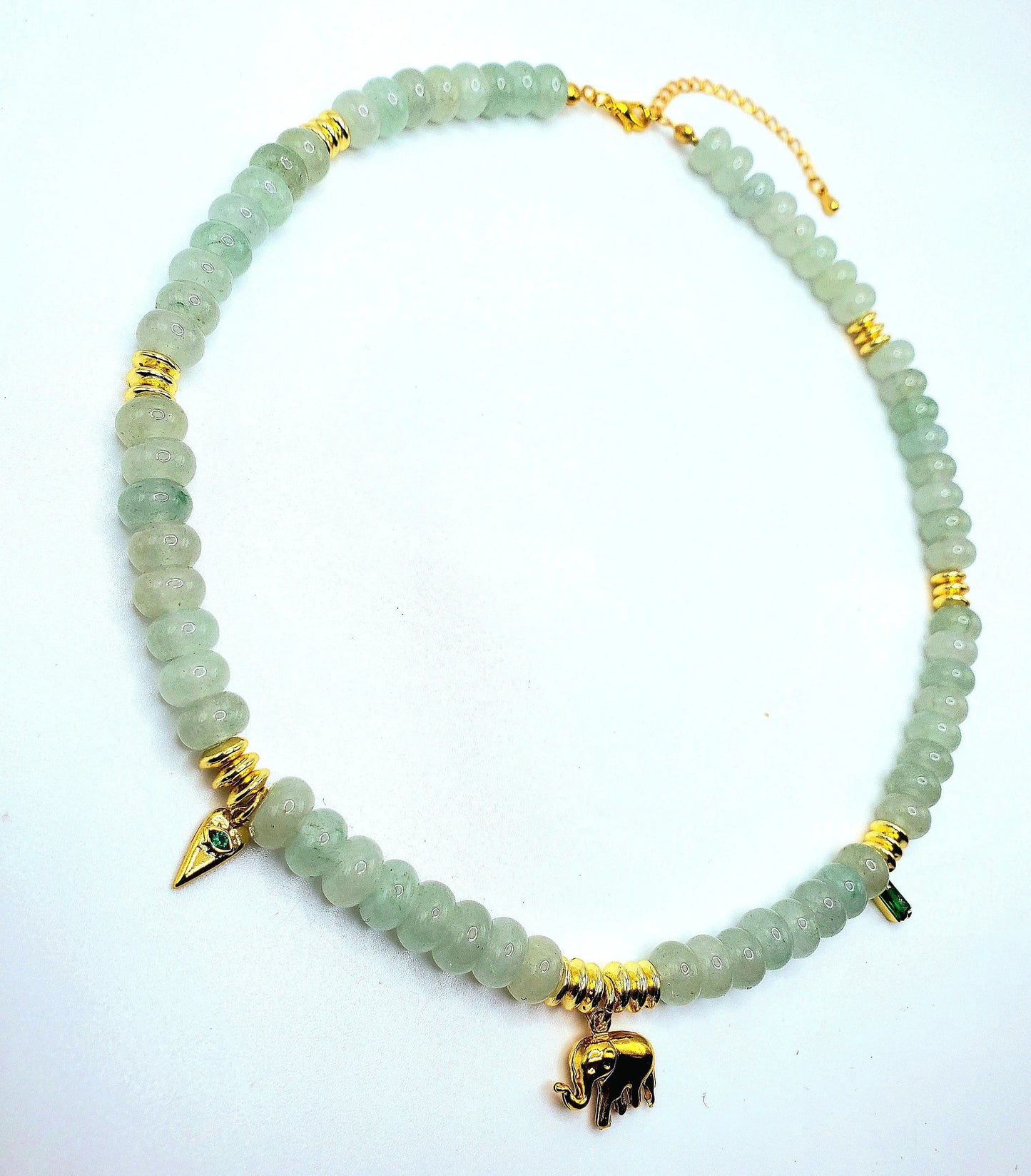 Lucky elephant green aventurine handmade spiritual heart chakra healing energy intention beaded gemstone crystal emerald charm necklace beautifuleecreatedllc