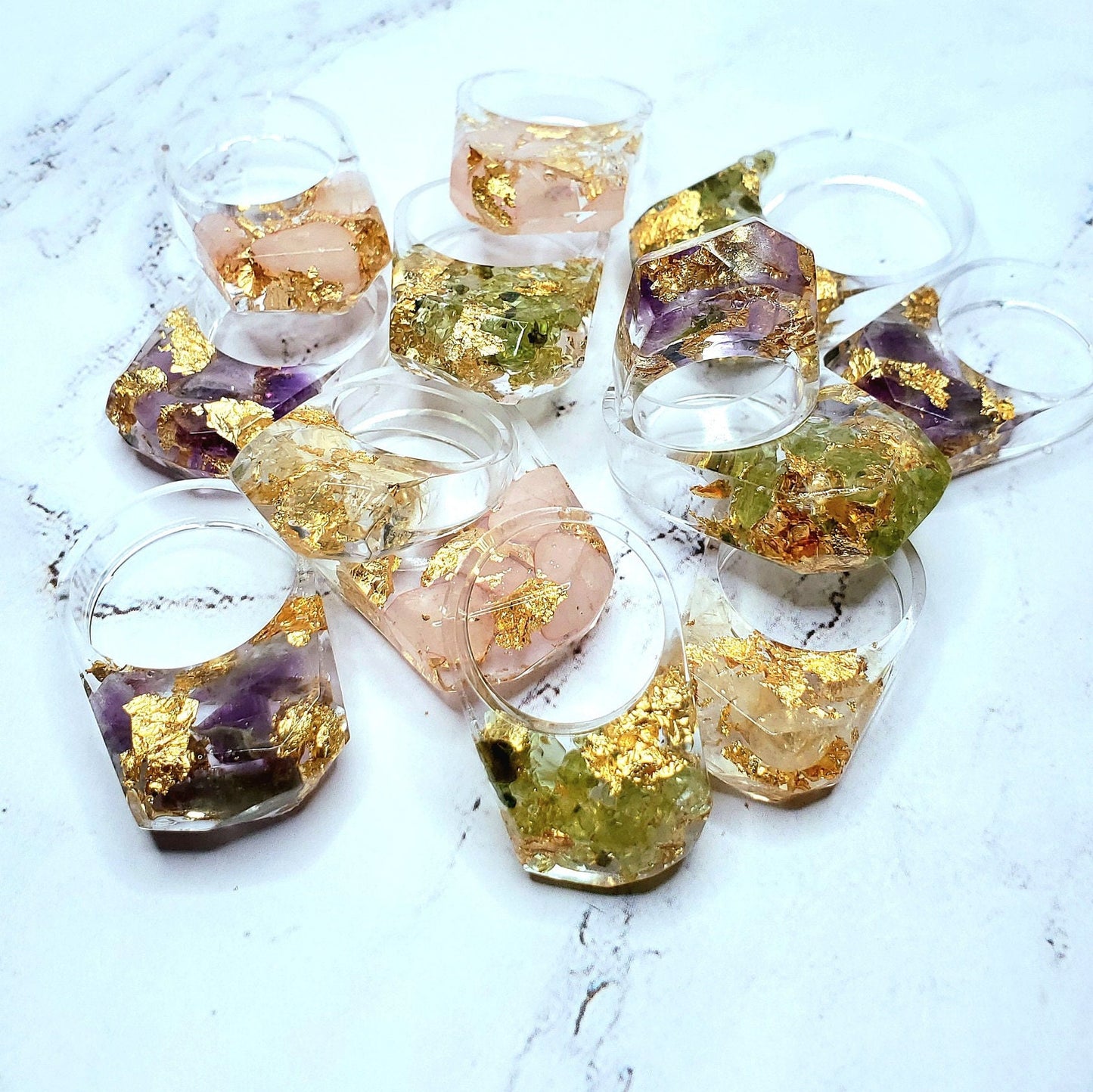 Gemstone crystal handmade resin bubble ring amethyst citrine peridot rose quartz gold flakes spiritual healing chakra energy