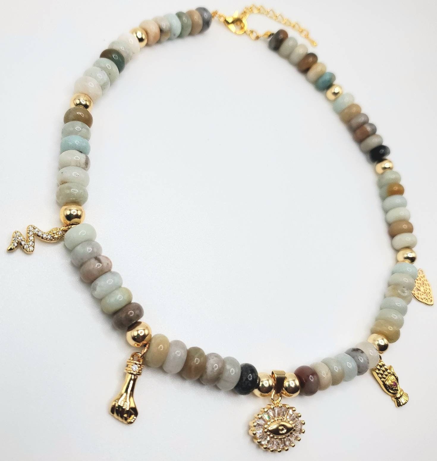 Flower amazonite protect me from harm necklace Gold-Filled Charm & Evil Eye Protection | Handmade by Beautifulee Created