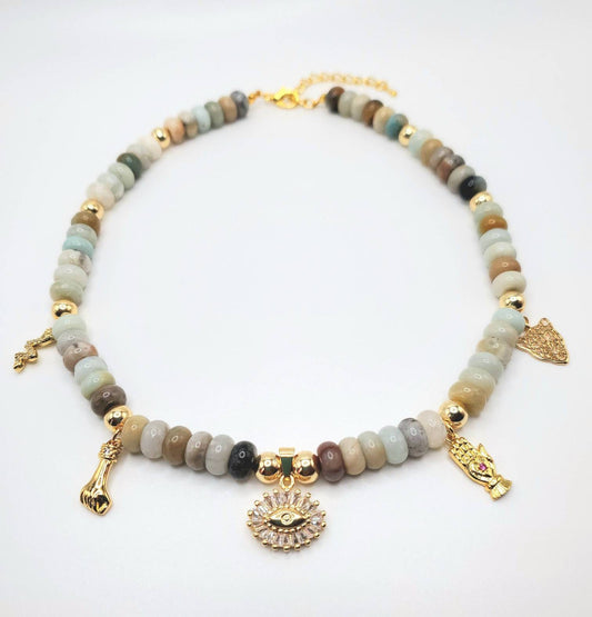Flower amazonite protect me from harm necklace Gold-Filled Charm & Evil Eye Protection | Handmade by Beautifulee Created
