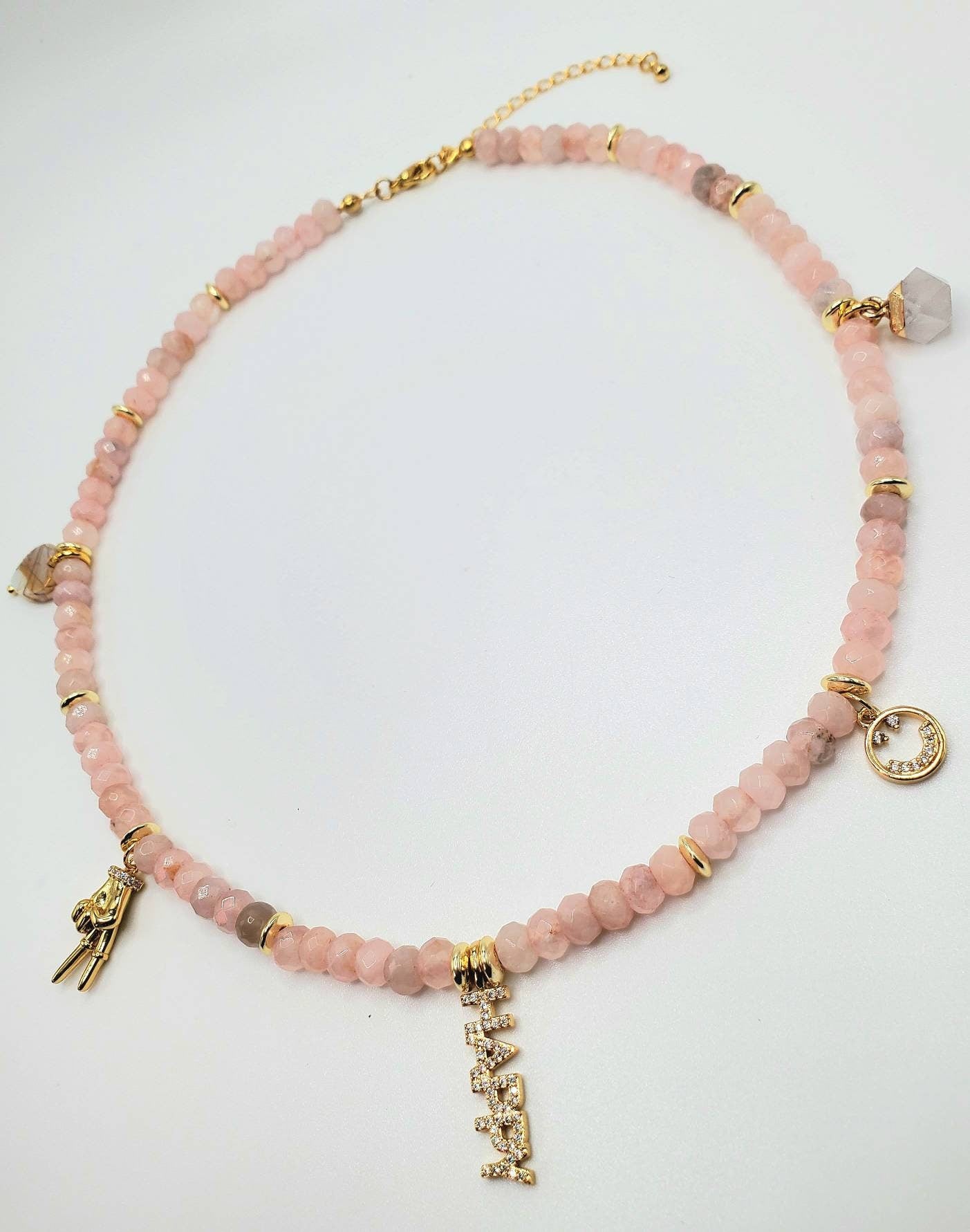 Rose Quartz Beaded Charm Necklace Love Peace and Happiness