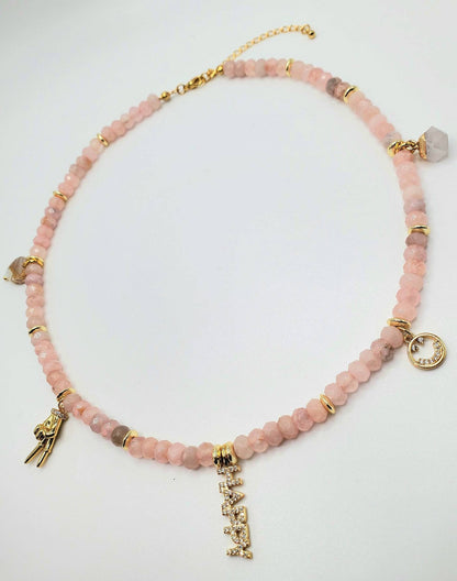 Rose Quartz Beaded Charm Necklace Love Peace and Happiness