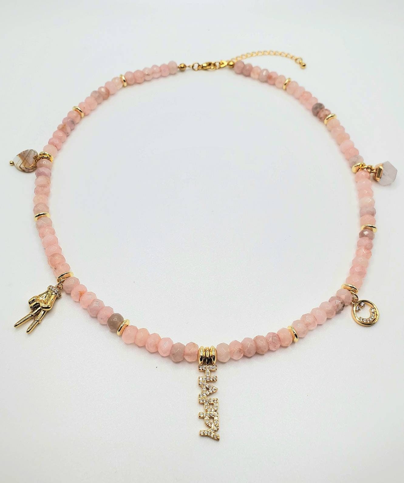 Rose Quartz Beaded Charm Necklace Love Peace and Happiness