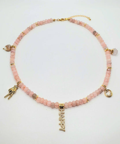 Rose Quartz Beaded Charm Necklace Love Peace and Happiness