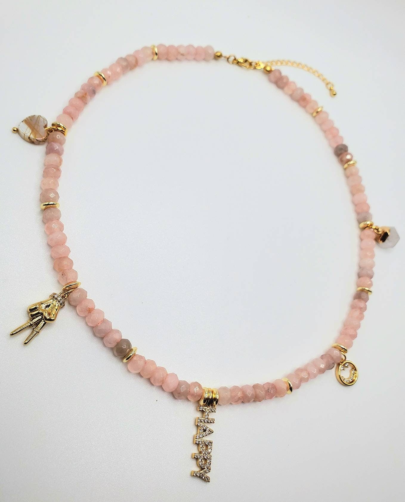 Rose Quartz Beaded Charm Necklace Love Peace and Happiness