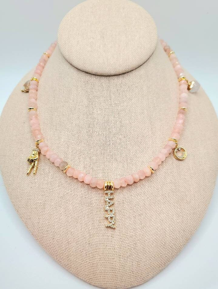 Rose Quartz Beaded Charm Necklace Love Peace and Happiness