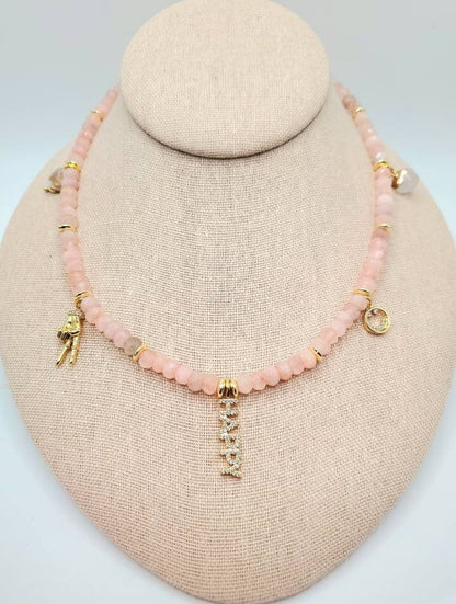 Rose Quartz Beaded Charm Necklace Love Peace and Happiness
