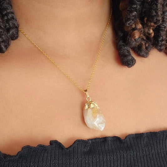 Gold plated raw citrine crystal on cable chain necklace