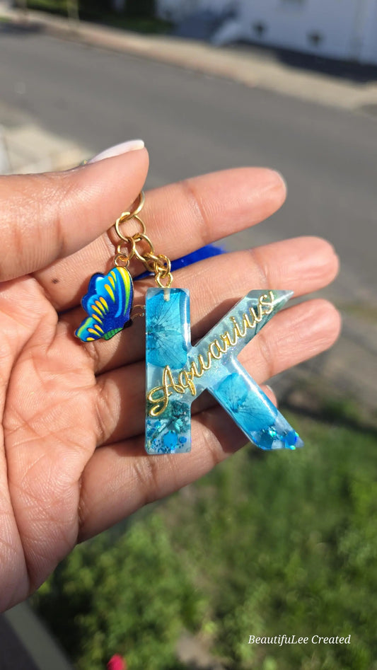 Customizable Zodiac Sign Resin Flower Initial Handmade Keychain Aquarius - beautifuleecreatedllc
