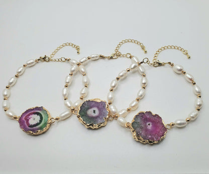 Druzy agate pearl bracelet