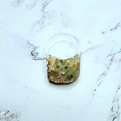 Gemstone crystal handmade resin bubble ring peridot gold flakes spiritual healing chakra energy