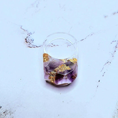 Gemstone crystal handmade resin bubble ring amethyst gold flakes spiritual healing chakra energy