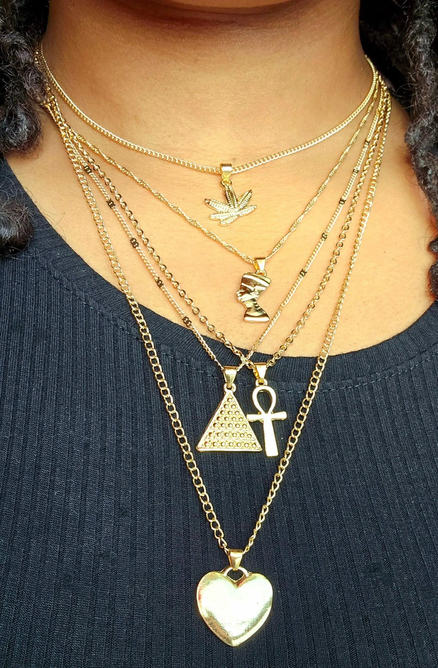 5 chain tiered necklace leaf Nefertiti pyramid ankh heart spiritual intention adjustable statement chain
