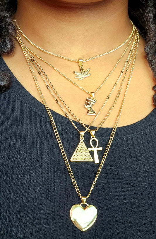 5 chain tiered necklace leaf Nefertiti pyramid ankh heart spiritual intention adjustable statement chain