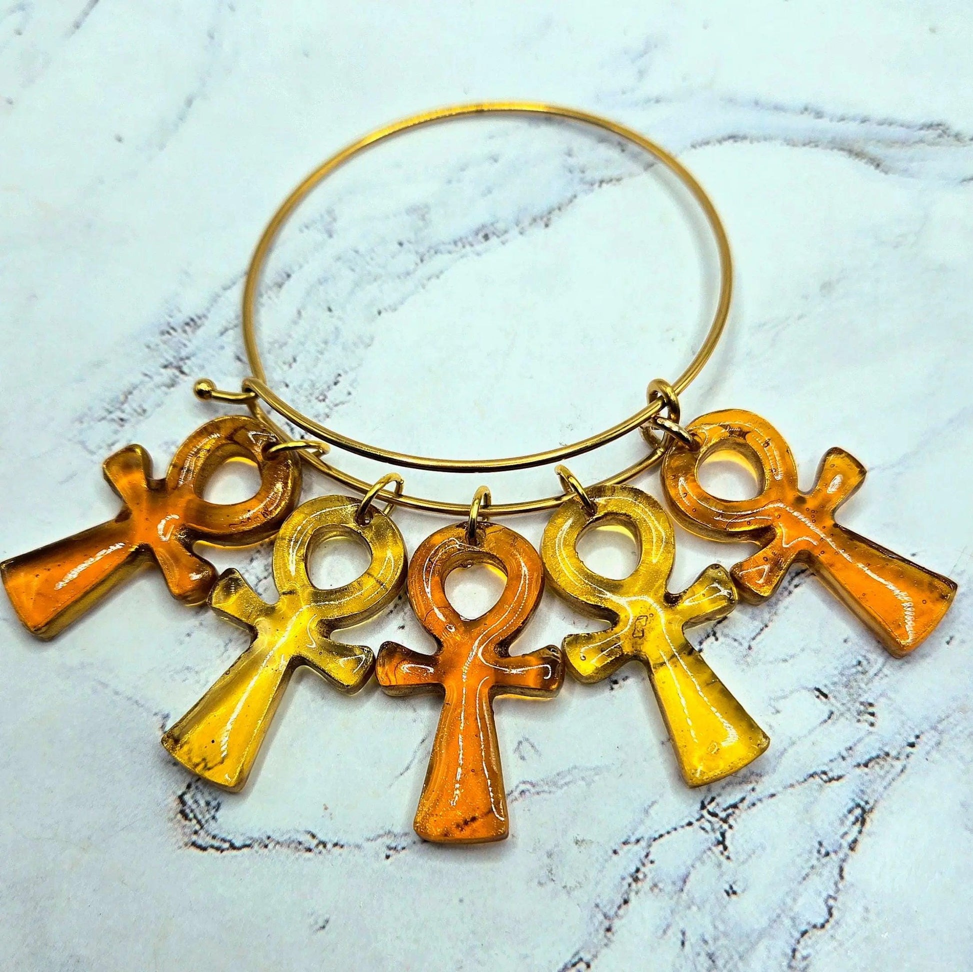 Ankh Life  bold gold amber honey large charm spiritual intention wire latch bracelet