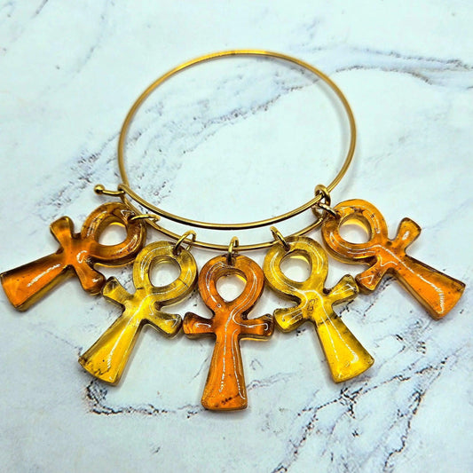 Ankh Life  bold gold amber honey large charm spiritual intention wire latch bracelet