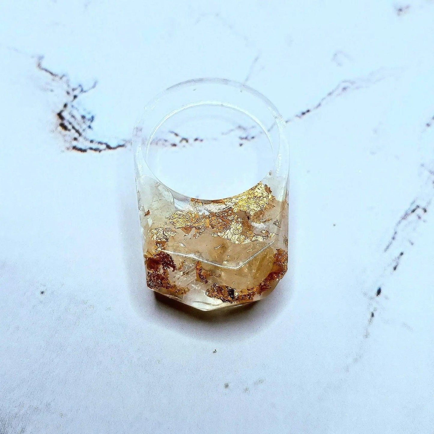 Gemstone crystal handmade resin bubble ring citrine gold flakes spiritual healing chakra energy