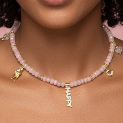 Rose Quartz Beaded Charm Necklace Love Peace and Happiness