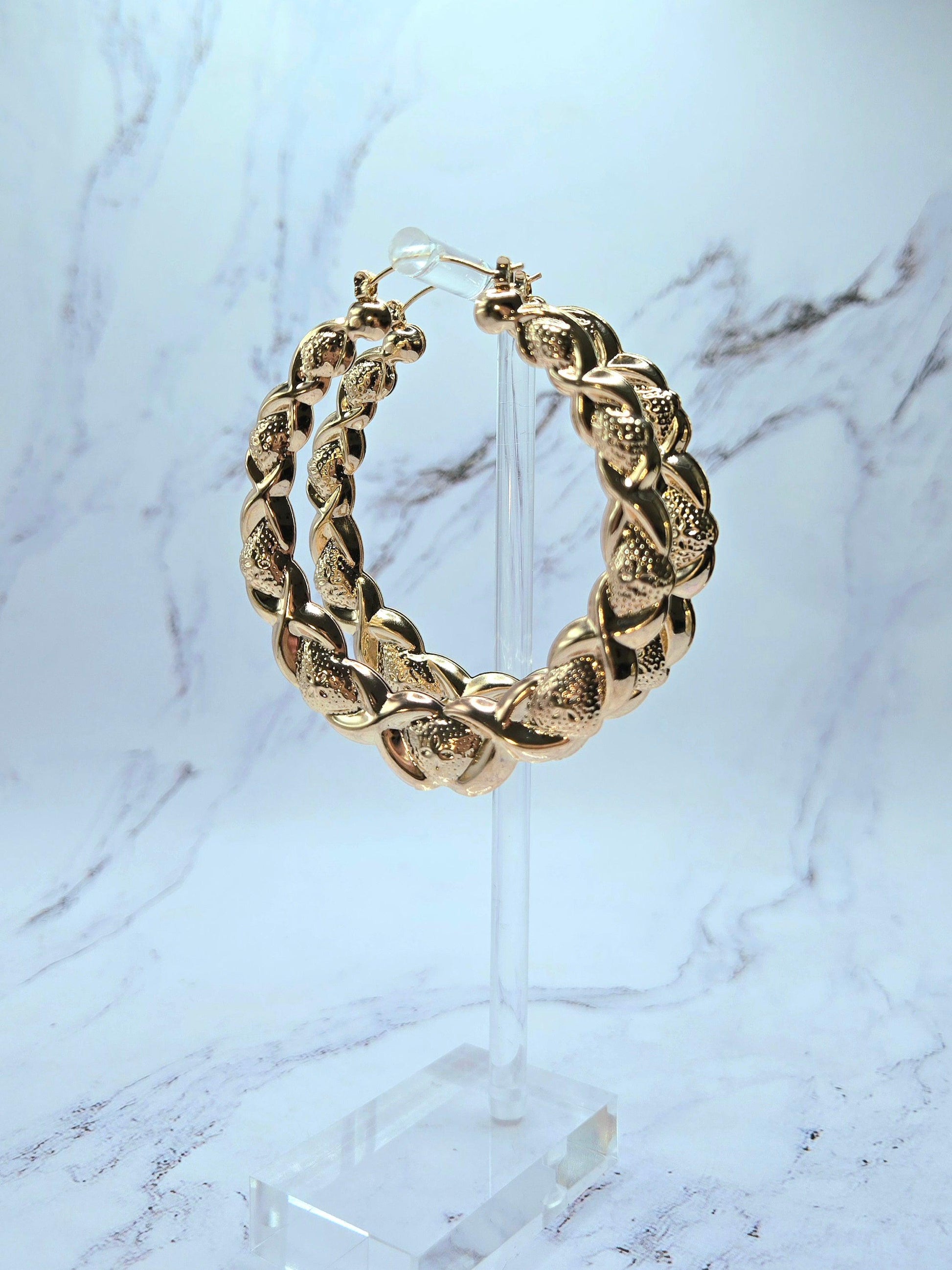 Gold Hearts and Hugs 90s XOXO bamboo hoop earrings large size - Gold Hearts And Hugs Earrings - Retro 90S Earrings - Large-Sized Earrings