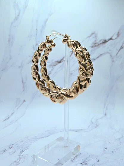 Gold Hearts and Hugs 90s XOXO bamboo hoop earrings large size - Gold Hearts And Hugs Earrings - Retro 90S Earrings - Large-Sized Earrings