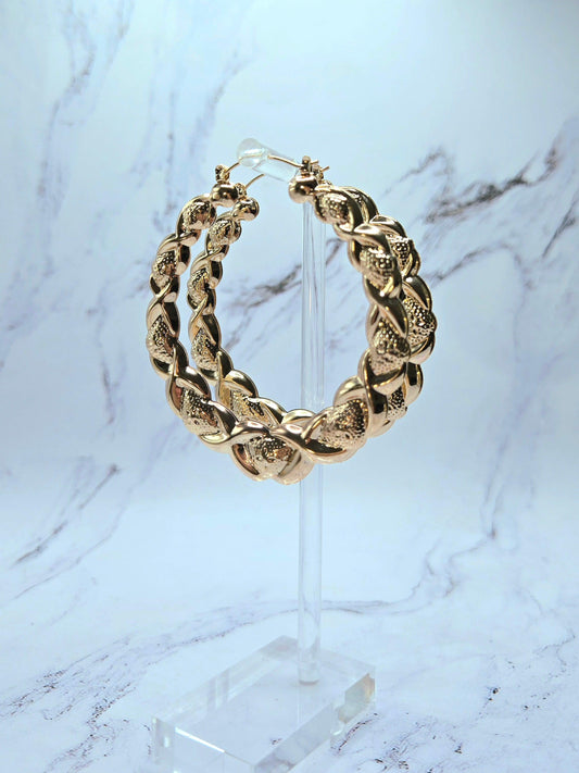 Gold Hearts and Hugs 90s XOXO bamboo hoop earrings large size - Gold Hearts And Hugs Earrings - Retro 90S Earrings - Large-Sized Earrings