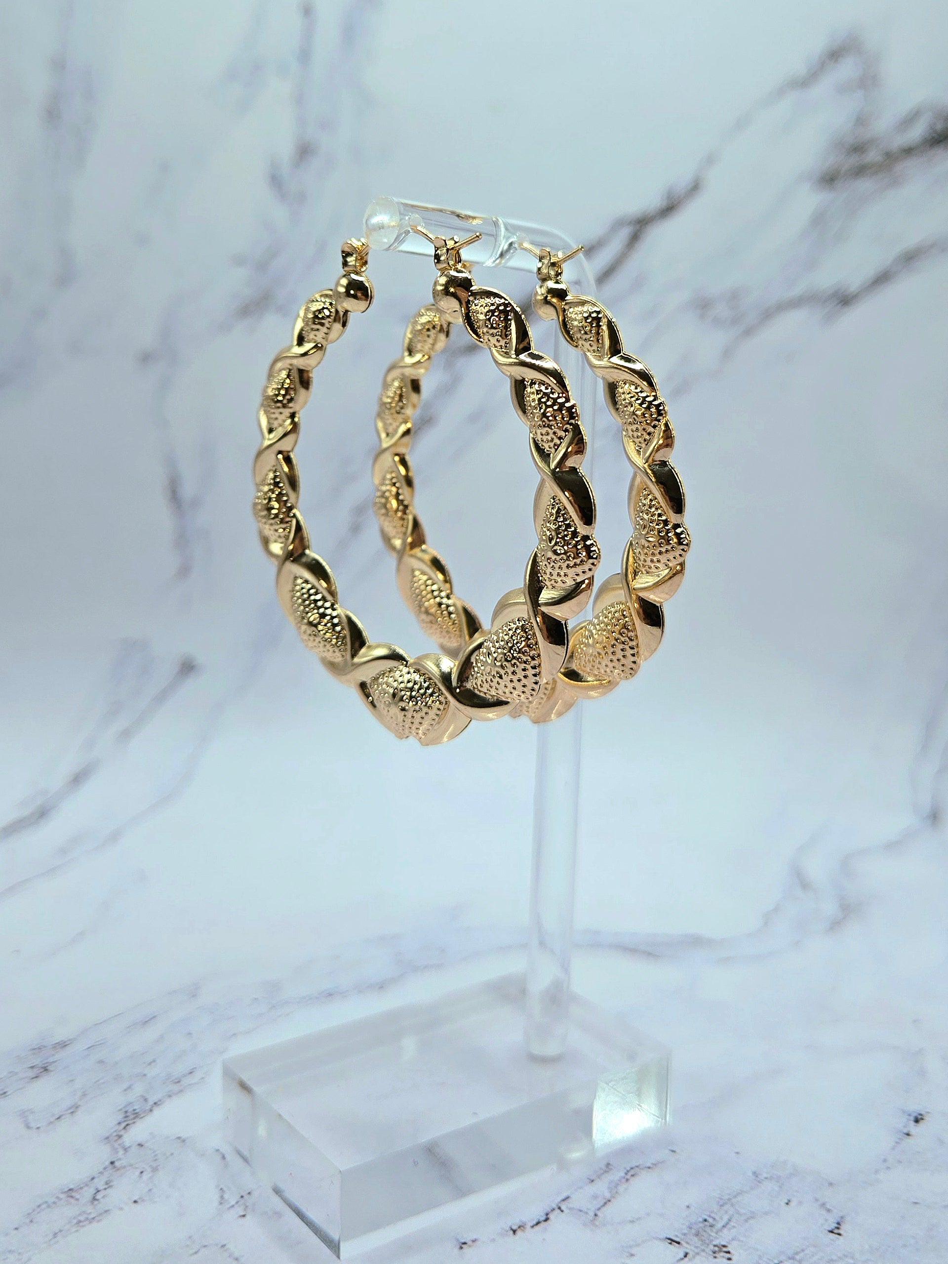 Gold Hearts and Hugs 90s XOXO bamboo hoop earrings medium size - Gold Hearts And Hugs Earrings - Lightweight Hoop Earrings