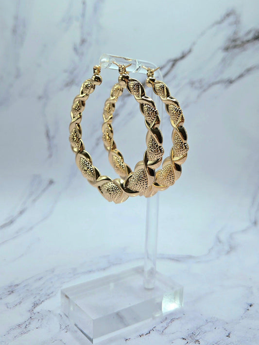 Gold Hearts and Hugs 90s XOXO bamboo hoop earrings medium size - Gold Hearts And Hugs Earrings - Lightweight Hoop Earrings