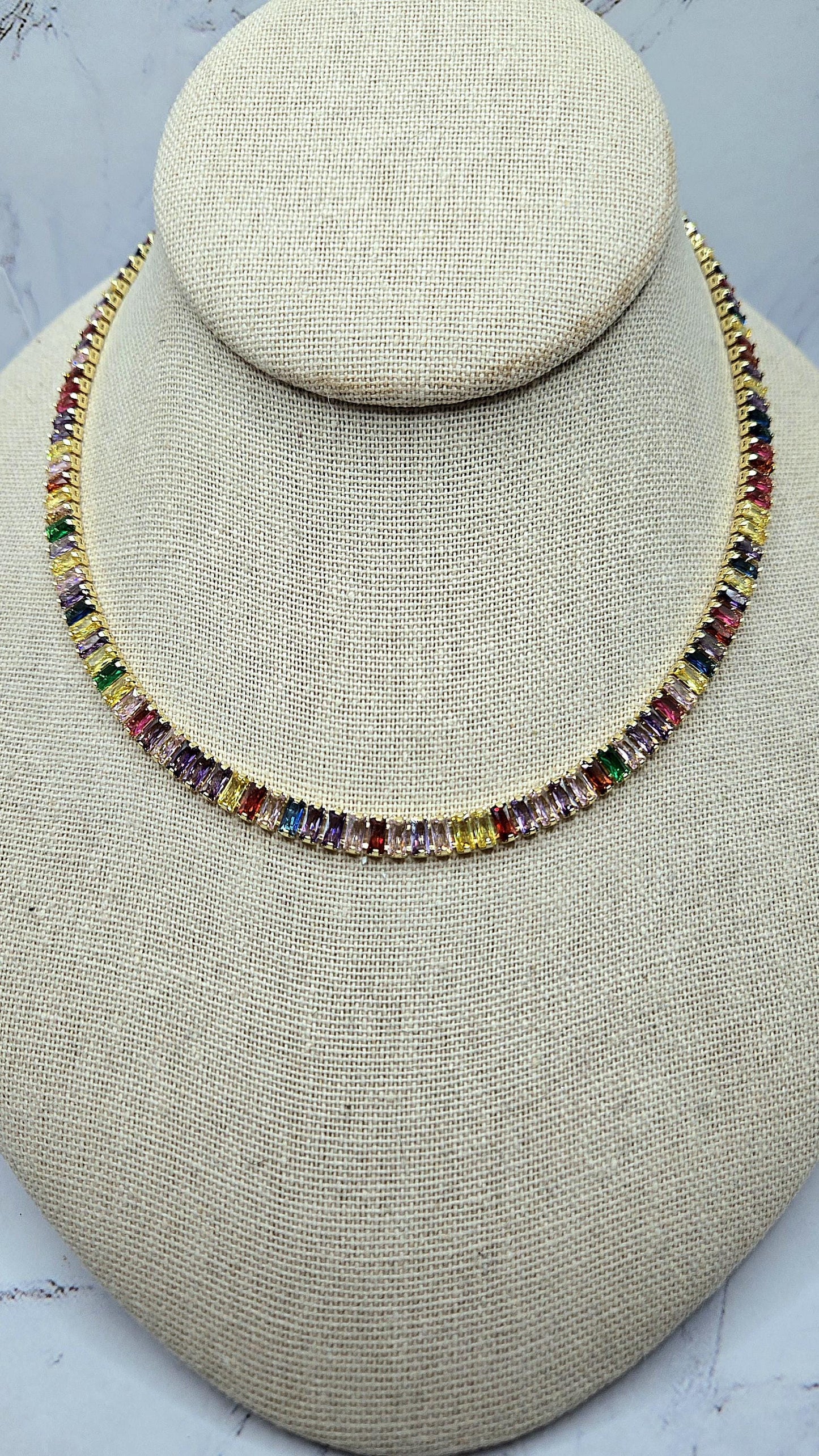 Vibrant Spectrum Gold Baguette Necklace