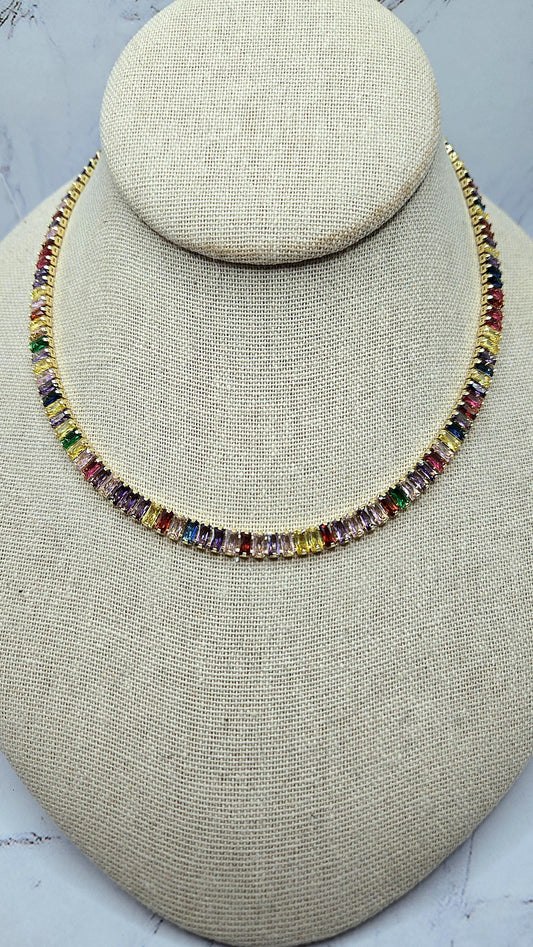 Vibrant Spectrum Gold Baguette Necklace