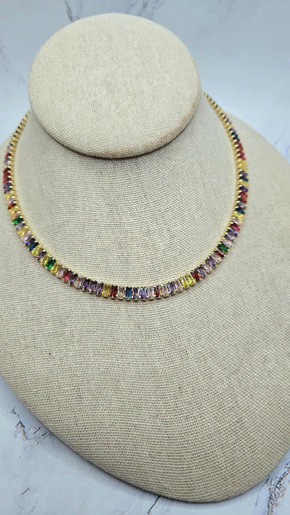 Vibrant Spectrum Gold Baguette Necklace