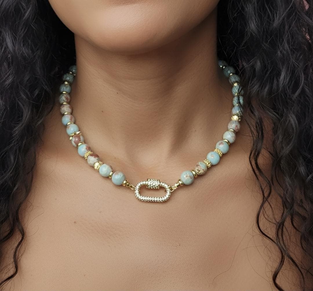 Sky Blue Sea Sediment Imperial Jasper & Hematite Necklace – BeautifuLee Created