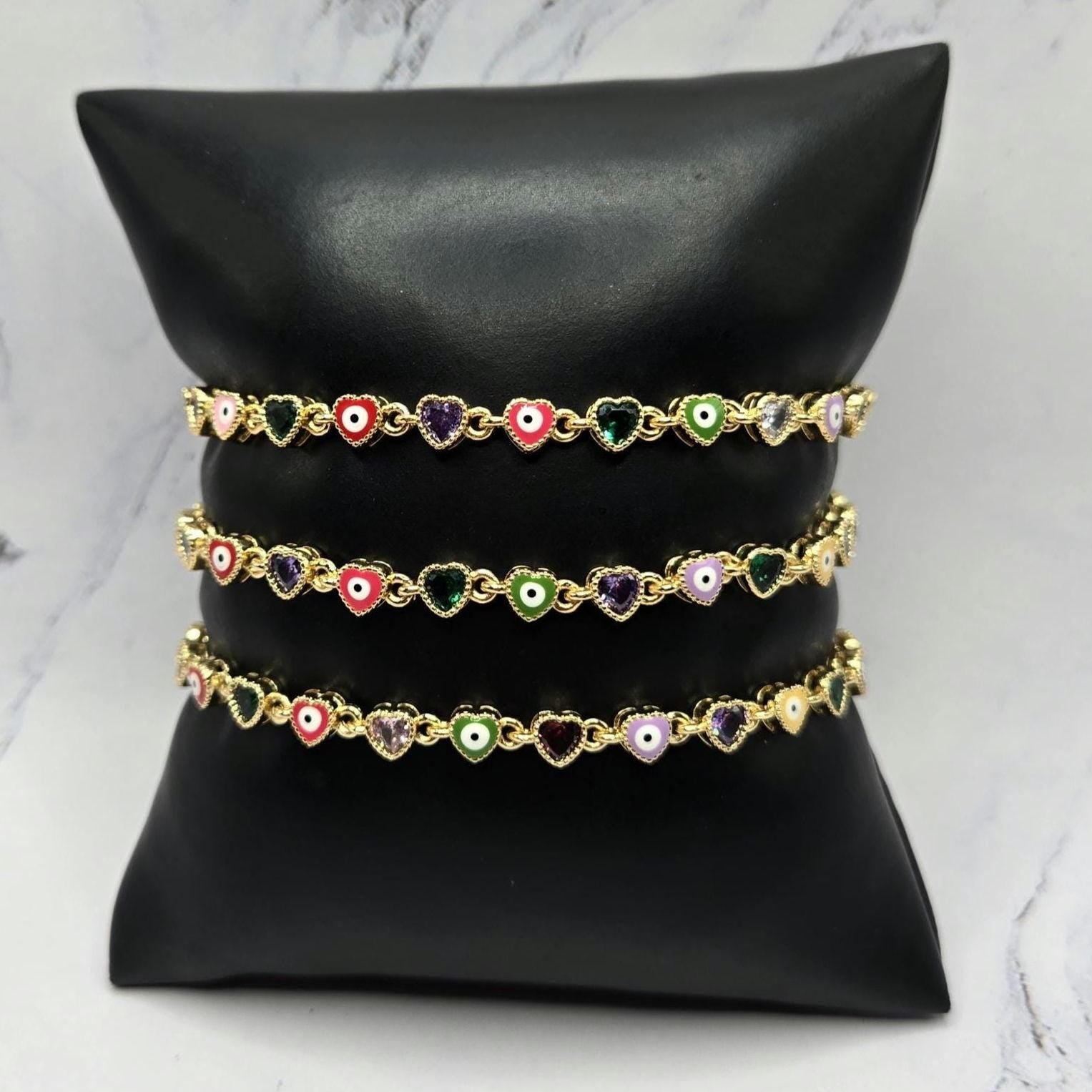 Evil Eye hearts Bracelet – Gold Plated Adjustable Chain Link Bracelet Colorful Enamel Evil Eye & Crystal Heart Charms • Protection Jewelry