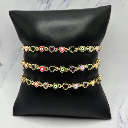 Evil Eye hearts Bracelet – Gold Plated Adjustable Chain Link Bracelet Colorful Enamel Evil Eye & Crystal Heart Charms • Protection Jewelry