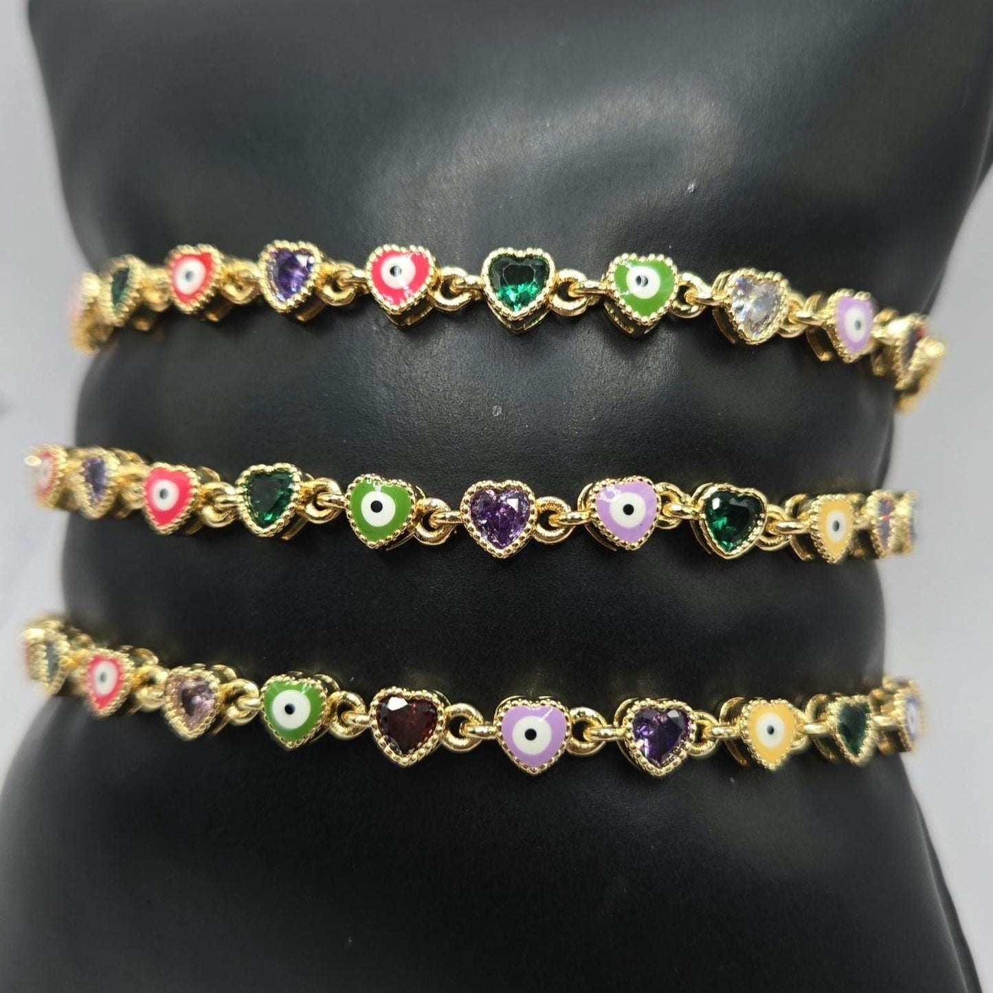Evil Eye hearts Bracelet – Gold Plated Adjustable Chain Link Bracelet Colorful Enamel Evil Eye & Crystal Heart Charms • Protection Jewelry