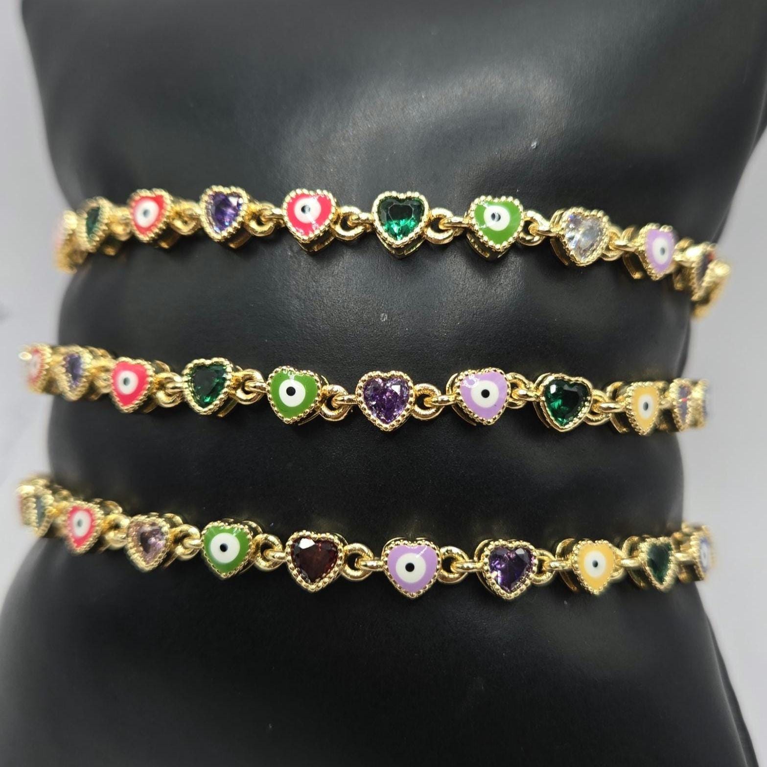 Evil Eye hearts Bracelet – Gold Plated Adjustable Chain Link Bracelet Colorful Enamel Evil Eye & Crystal Heart Charms • Protection Jewelry