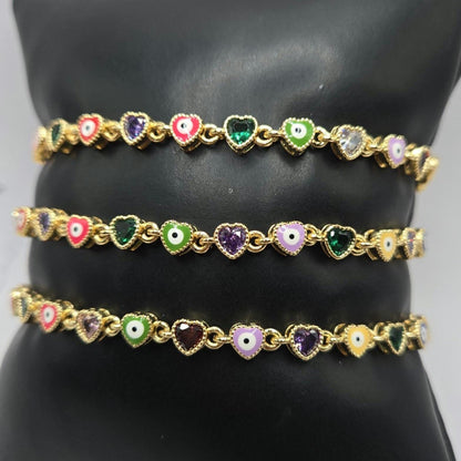 Evil Eye hearts Bracelet – Gold Plated Adjustable Chain Link Bracelet Colorful Enamel Evil Eye & Crystal Heart Charms • Protection Jewelry