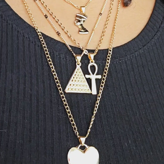 5 chain tiered necklace leaf Nefertiti pyramid ankh heart spiritual intention adjustable statement chain video