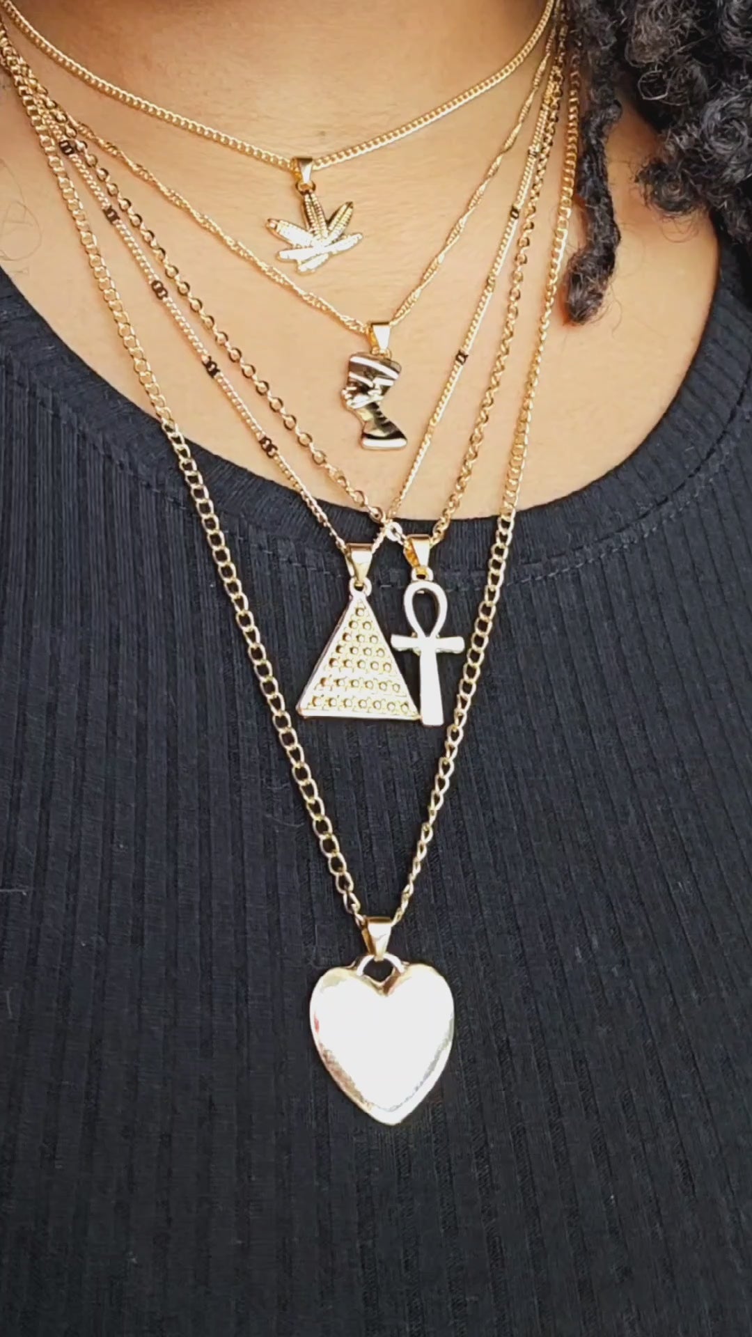 5 chain tiered necklace leaf Nefertiti pyramid ankh heart spiritual intention adjustable statement chain video