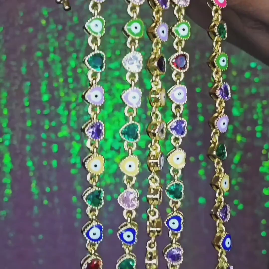 Evil Eye hearts Bracelet – Gold Plated Adjustable Chain Link Bracelet Colorful Enamel Evil Eye & Crystal Heart Charms • Protection Jewelry