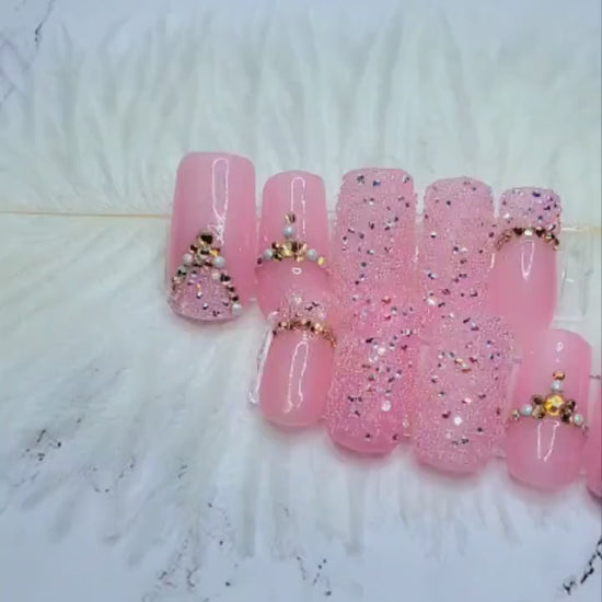 Pink caviar press on nails