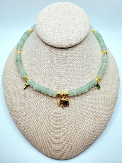 Lucky elephant green aventurine handmade spiritual heart chakra healing beaded gemstone emerald charm necklace