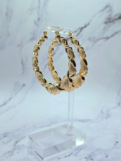 Gold Hearts and Hugs 90s XOXO bamboo hoop earrings medium size