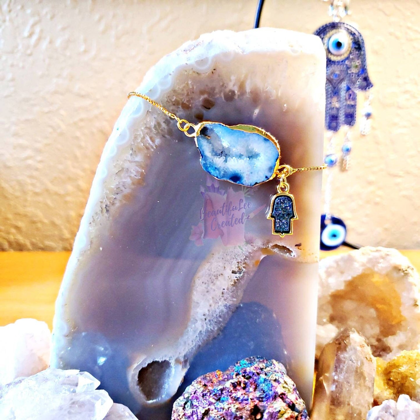 Hamsa druzy agate slice adjustable bracelet