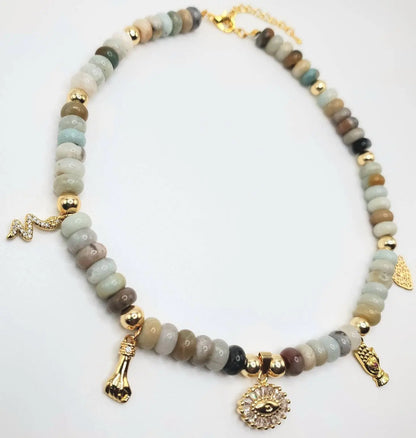 Beaded Flower amazonite evil eye pendant spiritual charm necklace