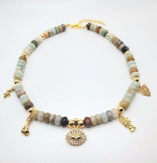 Beaded Flower amazonite evil eye pendant spiritual charm necklace